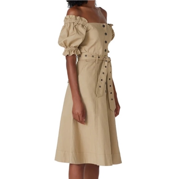 Marissa Webb A Line Shirt Dress Tan Button Up Off Shoulder Belted Puff Sleeves - Picture 2 of 7